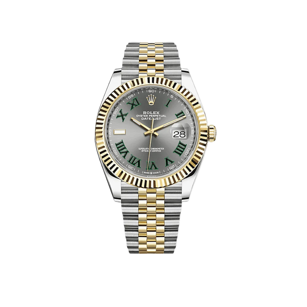 Two-tone Rolex watch with silver and gold band on a white background